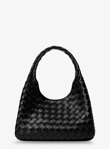 Bottega Veneta Campana Leather Shoulder Bag With Intrecciato Motif Uni Black-M Brass