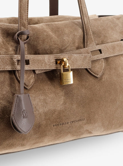 Brunello Cucinelli Suede Shoulder Bag With Logo Padlock Detail
