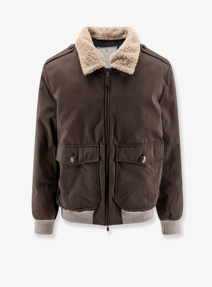 Brunello Cucinelli Cotton Blend Jacket With Fur Collar Darkbrown