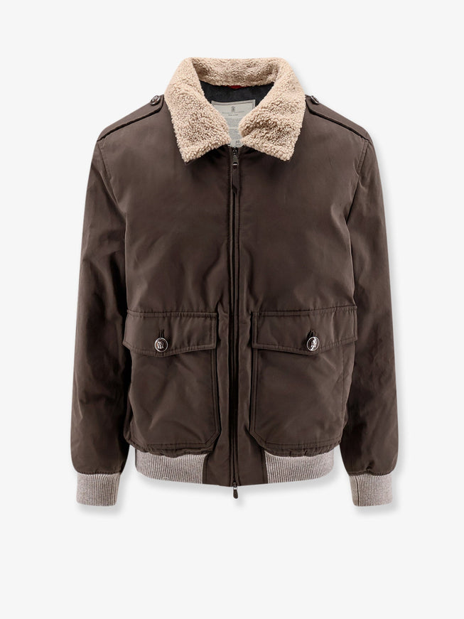 Brunello Cucinelli Cotton Blend Jacket With Fur Collar Darkbrown