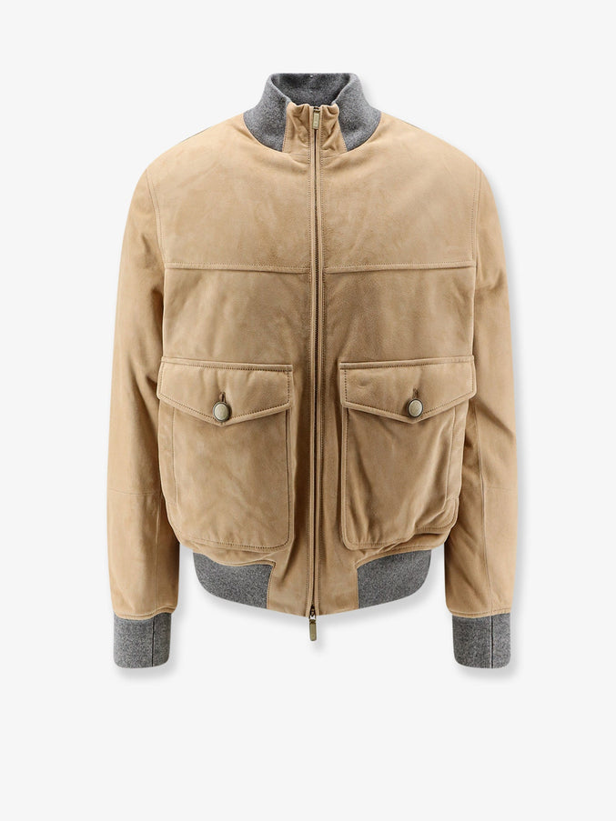 Brunello Cucinelli Padded Suede Bomber Jacket Sand