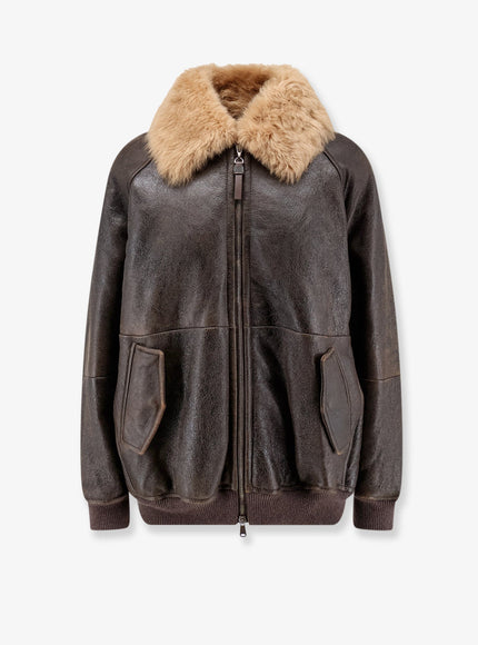 Brunello Cucinelli Vintage Leather Jacket with Shearling Collar in Nocciola Nocciola