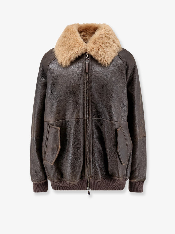 Brunello Cucinelli Vintage Leather Jacket with Shearling Collar in Nocciola Nocciola