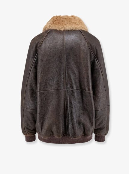 Brunello Cucinelli Vintage Leather Jacket with Shearling Collar in Nocciola