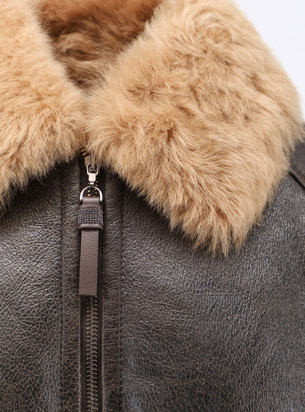 Brunello Cucinelli Vintage Leather Jacket with Shearling Collar in Nocciola
