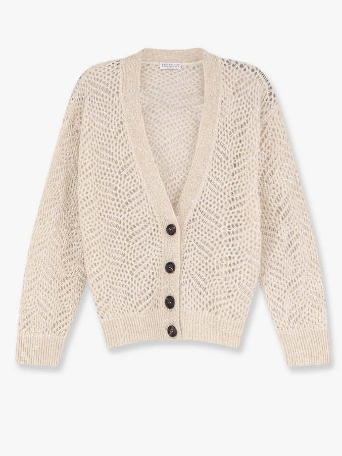 Brunello Cucinelli Mohair Blend Cardigan With Iconic Dazzling Motif Avorio