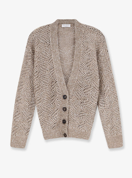 Brunello Cucinelli Mohair Blend Cardigan With Iconic Dazzling Motif Brown