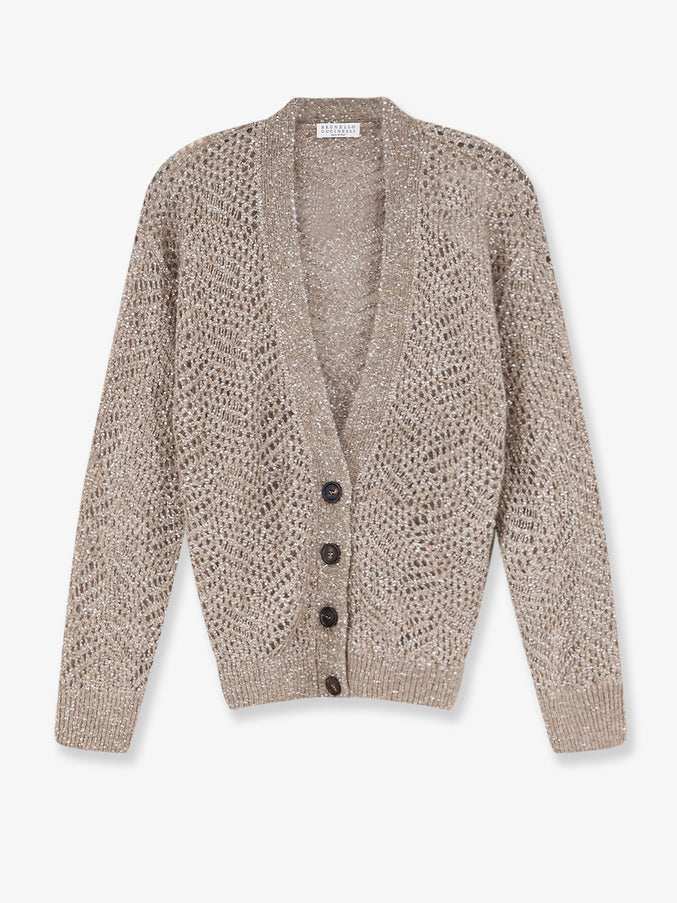 Brunello Cucinelli Mohair Blend Cardigan With Iconic Dazzling Motif Brown