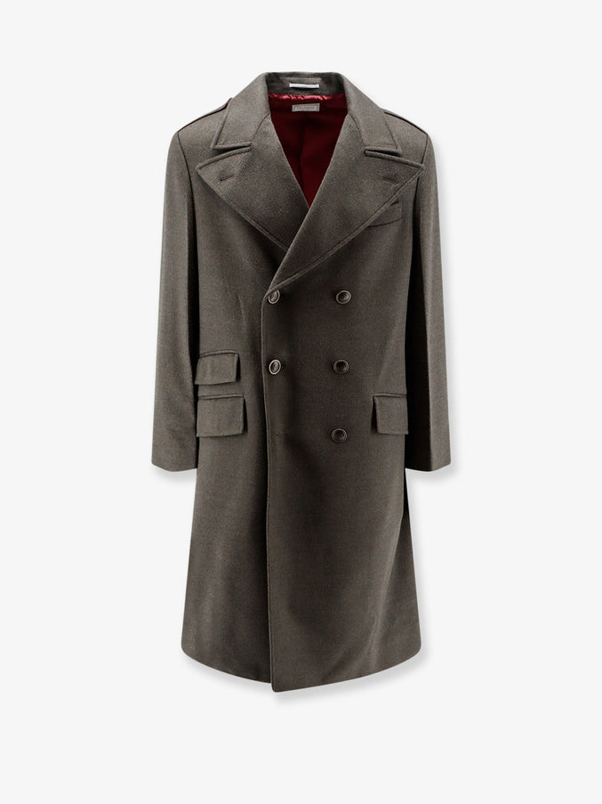Brunello Cucinelli Double-Breasted Virgin Wool Overcoat Mud