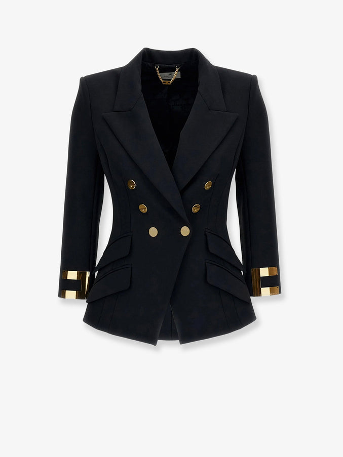 Elisabetta Franchi Double-Breasted Blazer With Monogram Gold Metal Details Nero