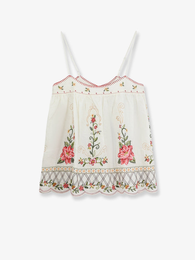 Farm Rio Linen And Viscose Top With Embroidery Offwhite