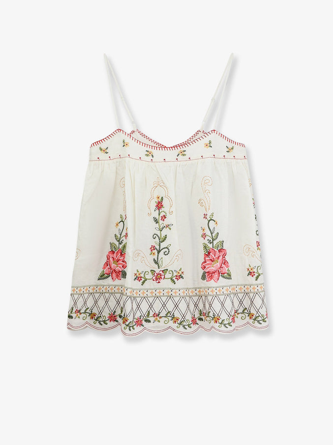 Farm Rio Linen And Viscose Top With Embroidery Offwhite