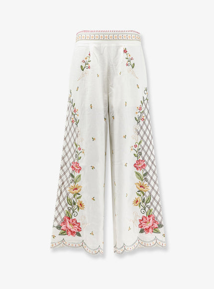 Farm Rio Linen And Viscose Trousers With Embroidery Offwhite