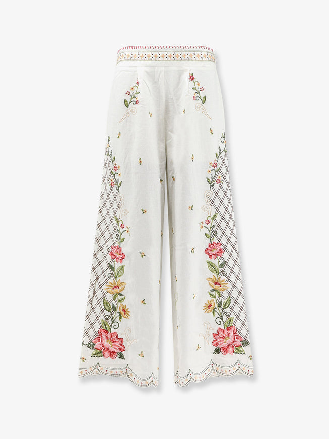 Farm Rio Linen And Viscose Trousers With Embroidery Offwhite