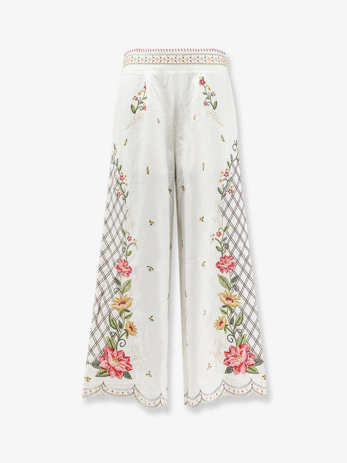 Farm Rio Linen And Viscose Trousers With Embroidery Offwhite
