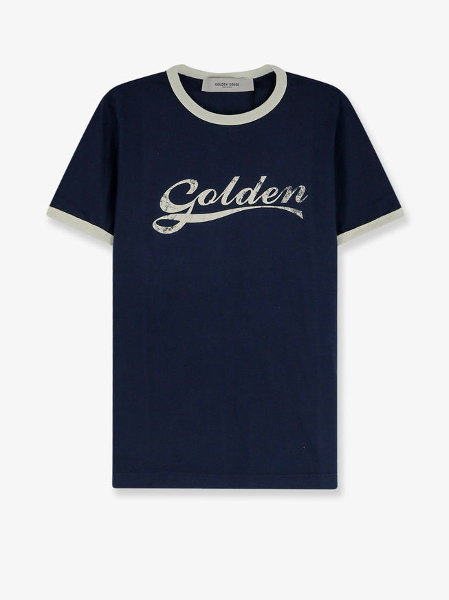Golden Goose Deluxe Brand Cotton T-Shirt With Printed Logo On The Front Blue Heritage White
