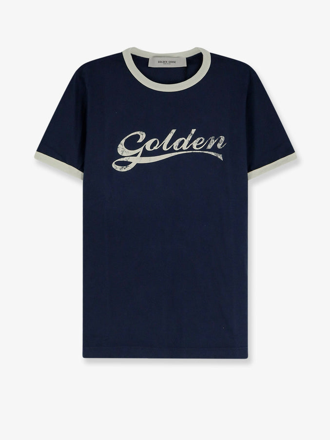 Golden Goose Deluxe Brand Cotton T-Shirt With Printed Logo On The Front Blue Heritage White