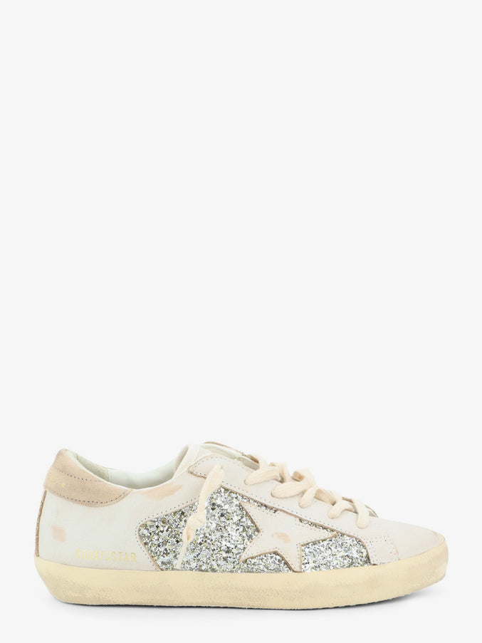 Golden Goose Deluxe Brand Superstar Leather Sneakers With All-Over Glitter Pattern Whiteplatinumbeige