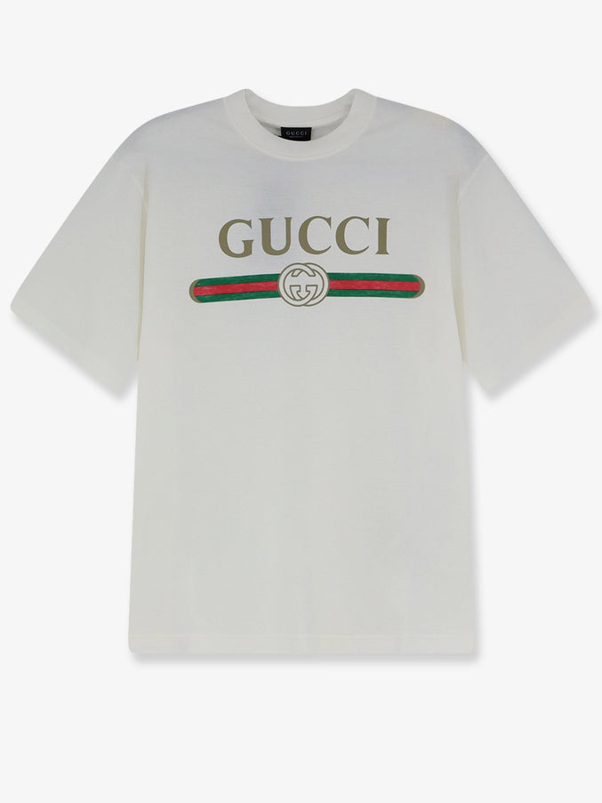 Gucci Web Logo Cotton and Silk T-Shirt Offwhite