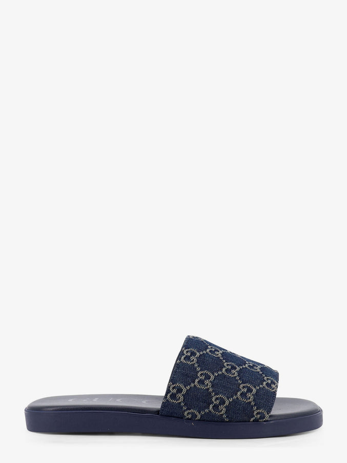 Gucci GG Motif Leather and Canvas Flat Sandals Flurry Blue