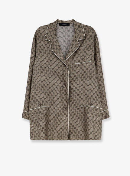 Gucci Silk Shirt With Gg Print Beigeebonymc