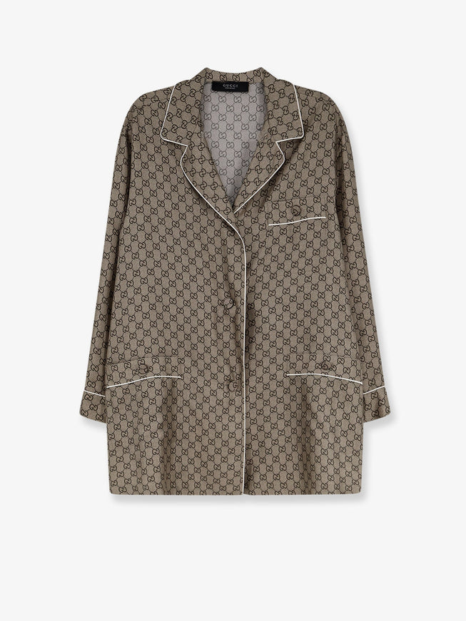 Gucci Silk Shirt With Gg Print Beigeebonymc