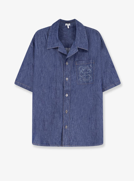 Loewe Bowling Collar Cotton Shirt in Denim Blue Denim Blue