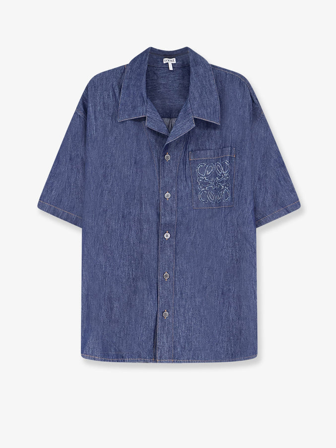 Loewe Bowling Collar Cotton Shirt in Denim Blue Denim Blue