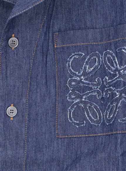 Loewe Bowling Collar Cotton Shirt in Denim Blue