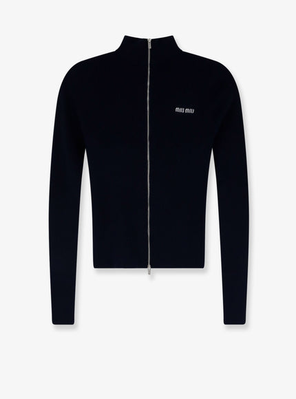 Miu Miu Cotton Zip Cardigan with Logo Inlay Bleu