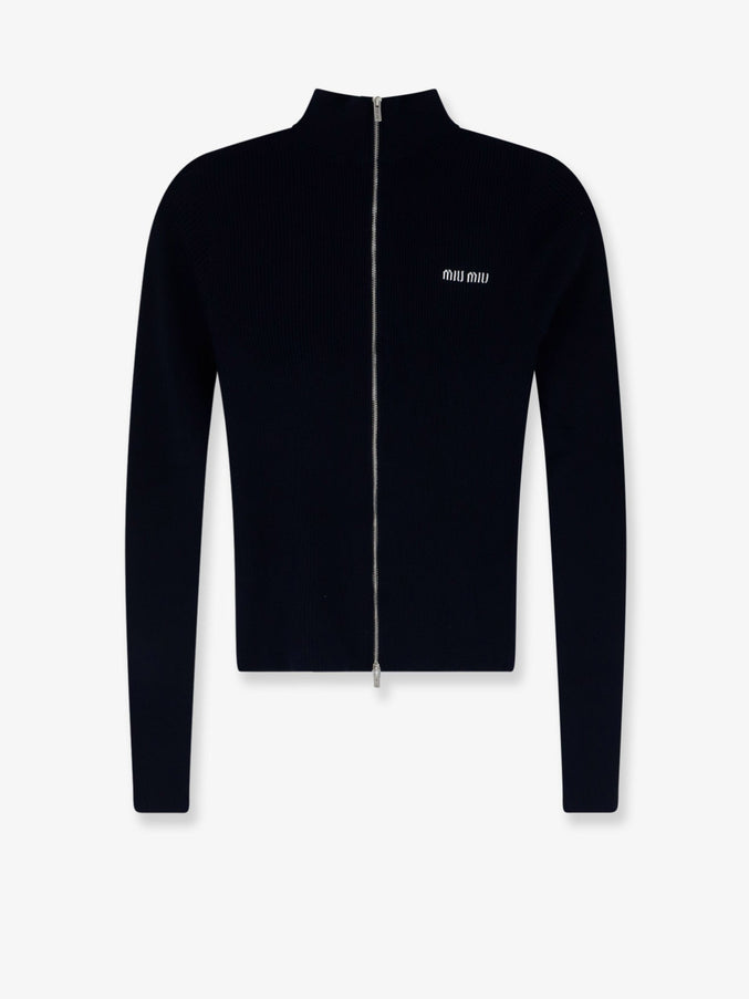 Miu Miu Cotton Zip Cardigan with Logo Inlay Bleu