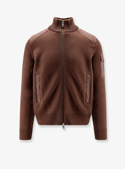 Moncler Virgin Wool Cardigan With Logo Patch Marrone