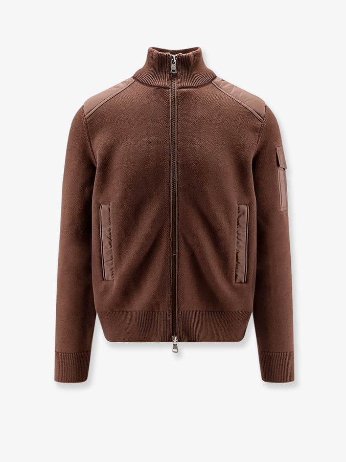 Moncler Virgin Wool Cardigan With Logo Patch Marrone