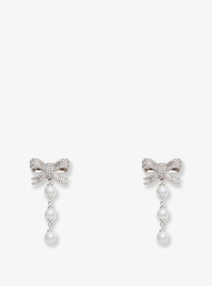 Self Portrait Crystal Bow Pearl Droplet Earrings Uni Silver