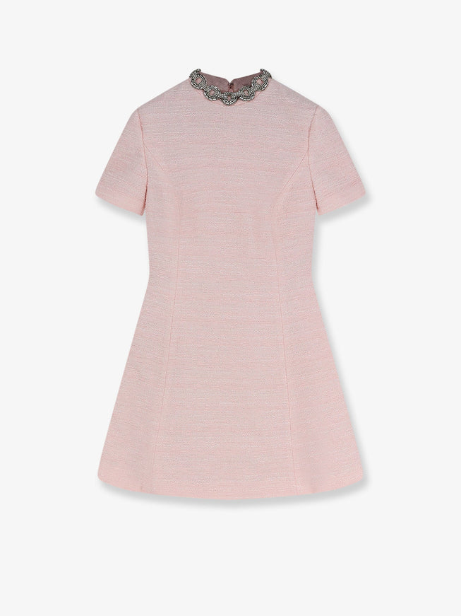 Valentino Embroidered Crinkle Cotton Tweed Mini Dress Glossypinksilver