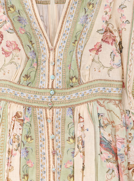 Zimmermann Roselight Plunge Tapestry Print Linen Dress