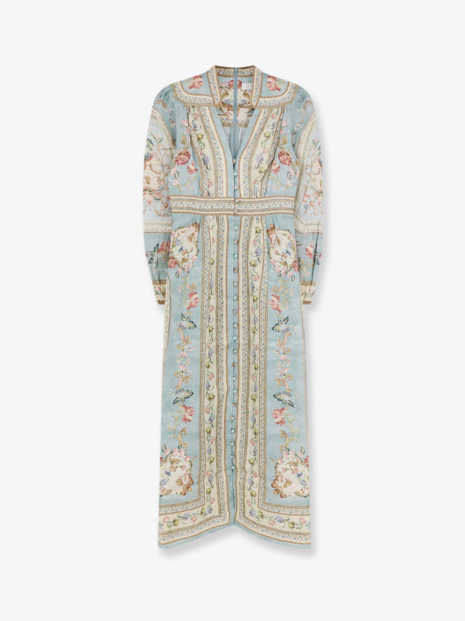 Zimmermann Roselight Linen Dress Blue Tapestry Floral