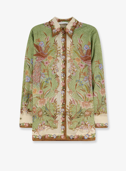 Zimmermann Indra Silk Shirt Khaki Floral