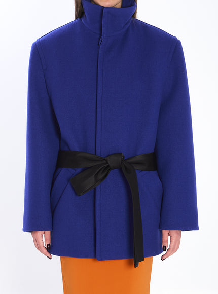 Saint Laurent Boxy Belted Coat In Wool Blue
