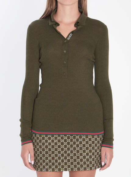 Gucci Polo In Cashmere And Silk With Web Detailing Green