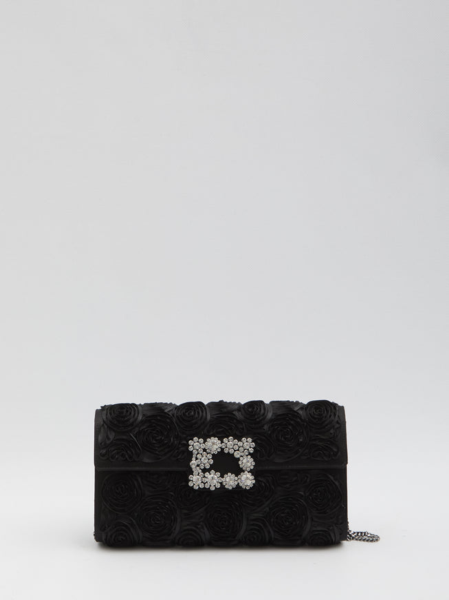 Roger Vivier Envelope Flap Flower Buckle Clutch QT Black