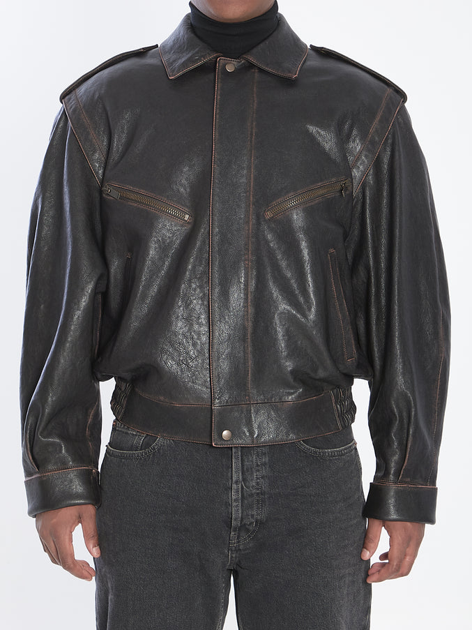 Saint Laurent Lambskin Leather Bomber Jacket 48 Black