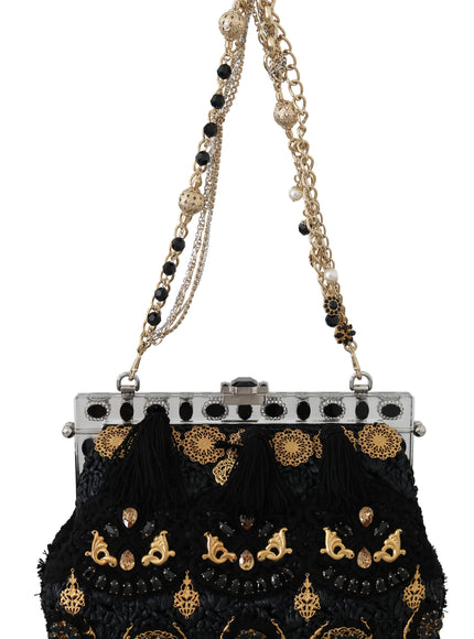 Dolce & Gabbana black tassel gold baroque clutch front view