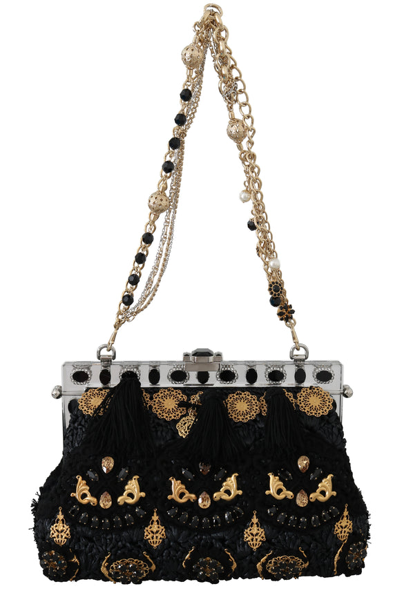 Dolce & Gabbana black tassel gold baroque clutch front view