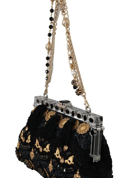 Side view of Dolce & Gabbana black tassel baroque clutch