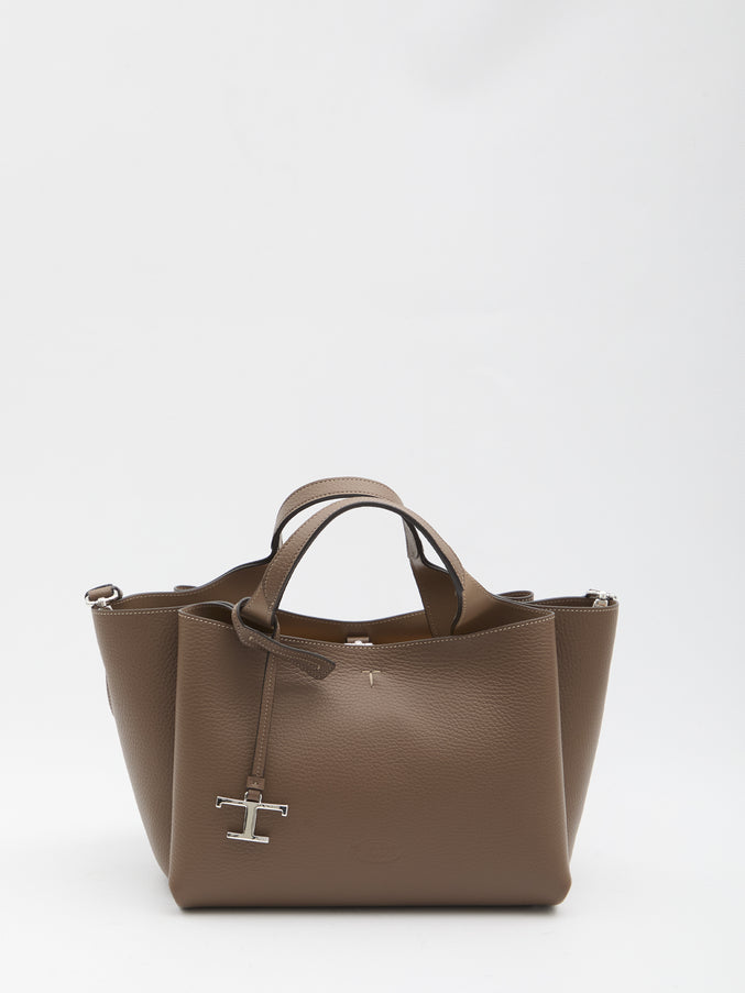 Tod's T Timeless Small Leather Tote in Taupe Brown QT Brown