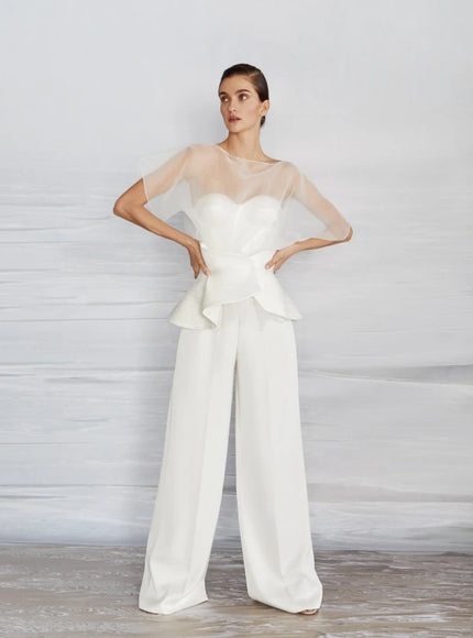 Gem Organza Peplum Bridal Pantsuit with Corset Top