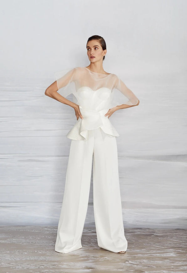 Gem Organza Peplum Bridal Pantsuit with Corset Top