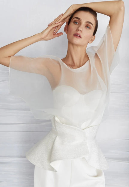 Gem Organza Peplum Bridal Pantsuit with Corset Top