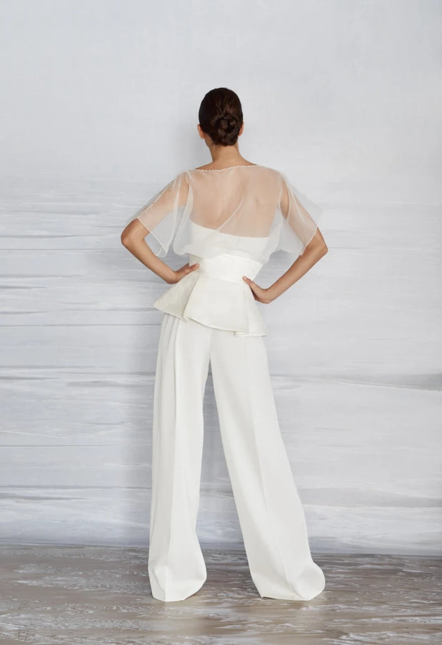 Gem Organza Peplum Bridal Pantsuit with Corset Top